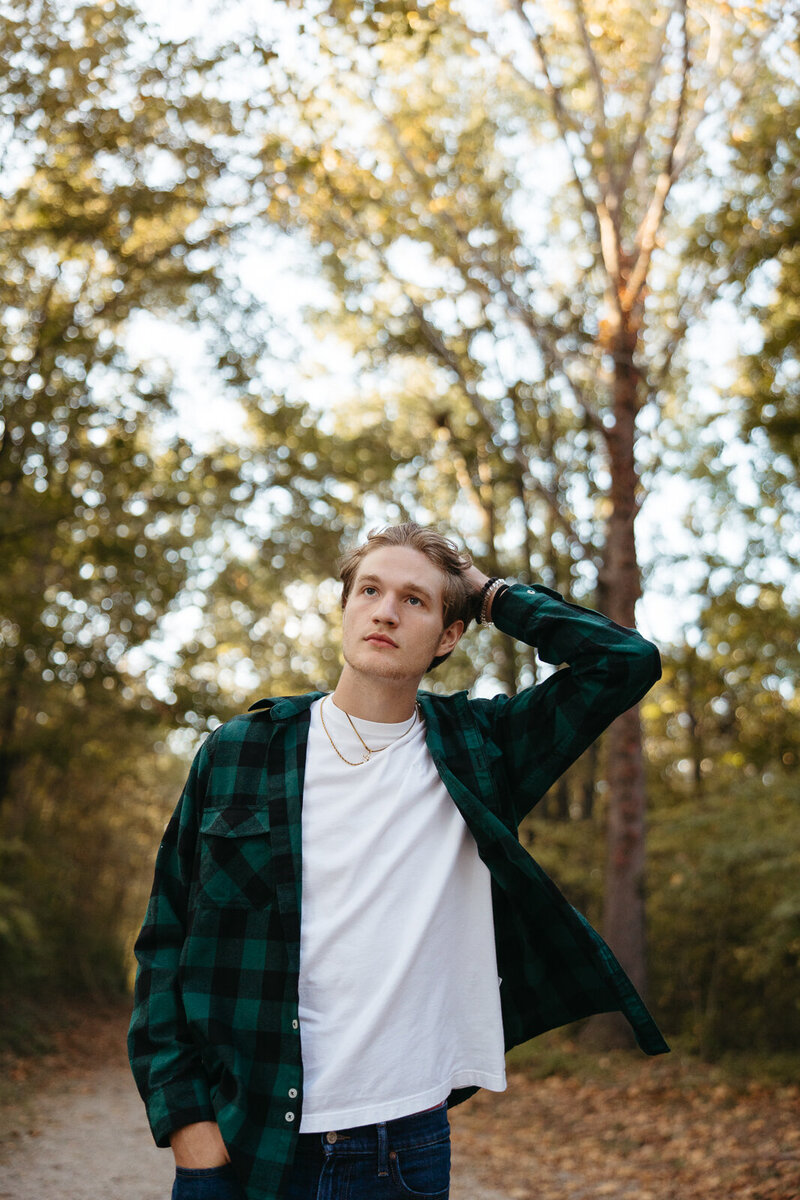 Senior guy in the woods fall portrait session in Farmington, Missouri. 