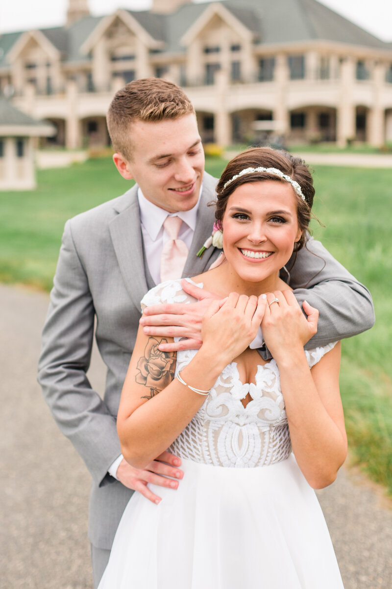 Bride and groom walk up memorial steps at their DC wedding