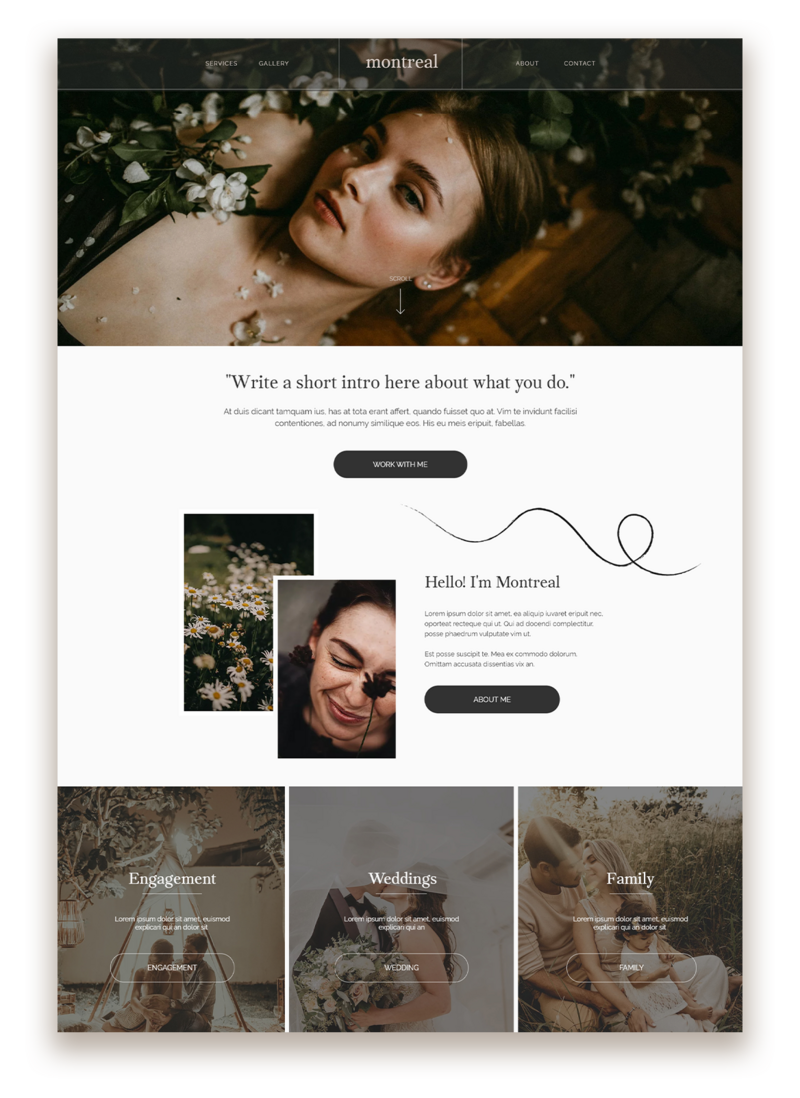 The Montreal Wix Template is a romantic website template crafted for photographers to show off their portfolio and services.