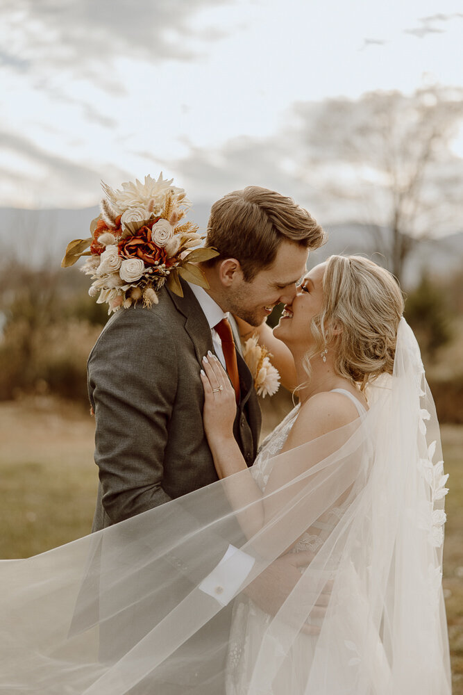 Bride and Groom romantic veil portraits in front of Virginia mountains.