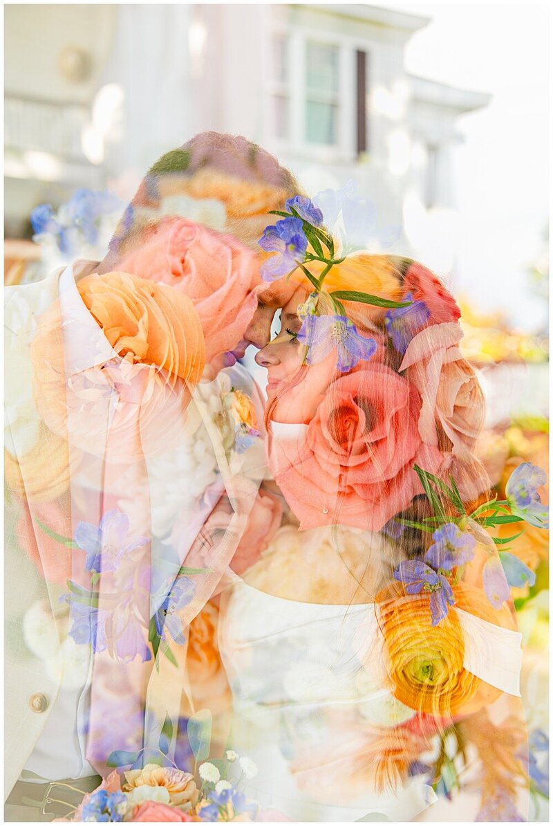 bride and groom facing each other with palm trees behind them