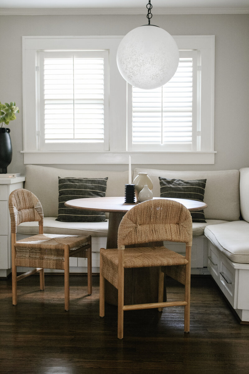 Bright and minimalist breakfast nook designed by Hope Miriam Designs in DFW