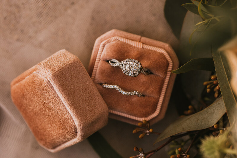 Wedding photo session with rings inside carrying case