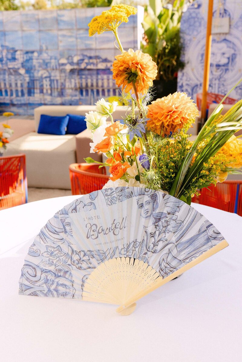 Closeup of a beautiful fan that was given to all the guests of the rehearsal dinner in Cap Ferrat.