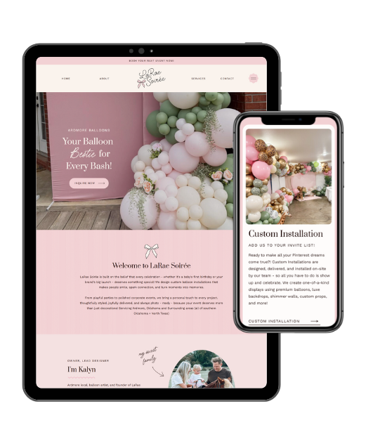 Party planner Balloon Artist Website Template pastel pink on Showit by Daydream Sites