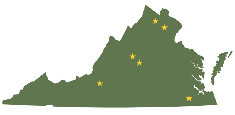A map of Virginia with relevant wildlife center locations starred. 