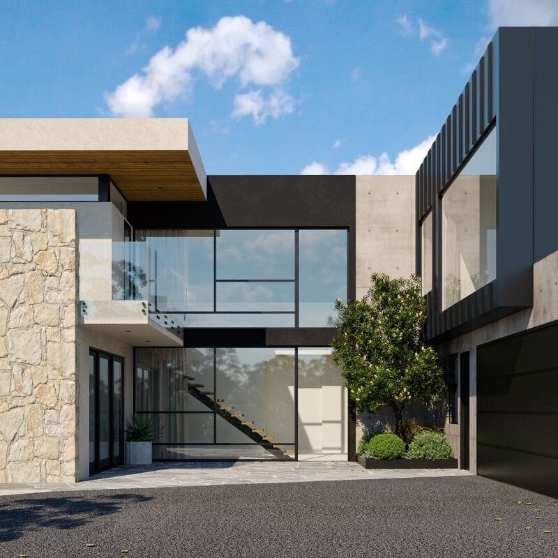 modern double story house design modern architecture stone wall with large winders and floating staircase