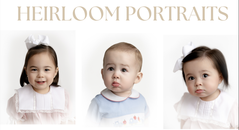 Heirloom portraits of baby/children on white backdrop. Heirloom photos taken by Jenni Nikki at Atlanta Children Photo Studio.