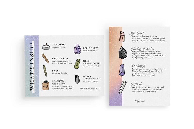 Mock-up of illustrated crystals and health tools for package inserts.