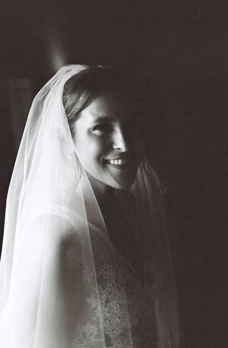 35mm wedding portrait of bride at Chalk Barn, Wiltshire