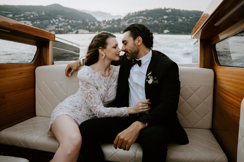 Couple getting married on Lake Como on boat ride