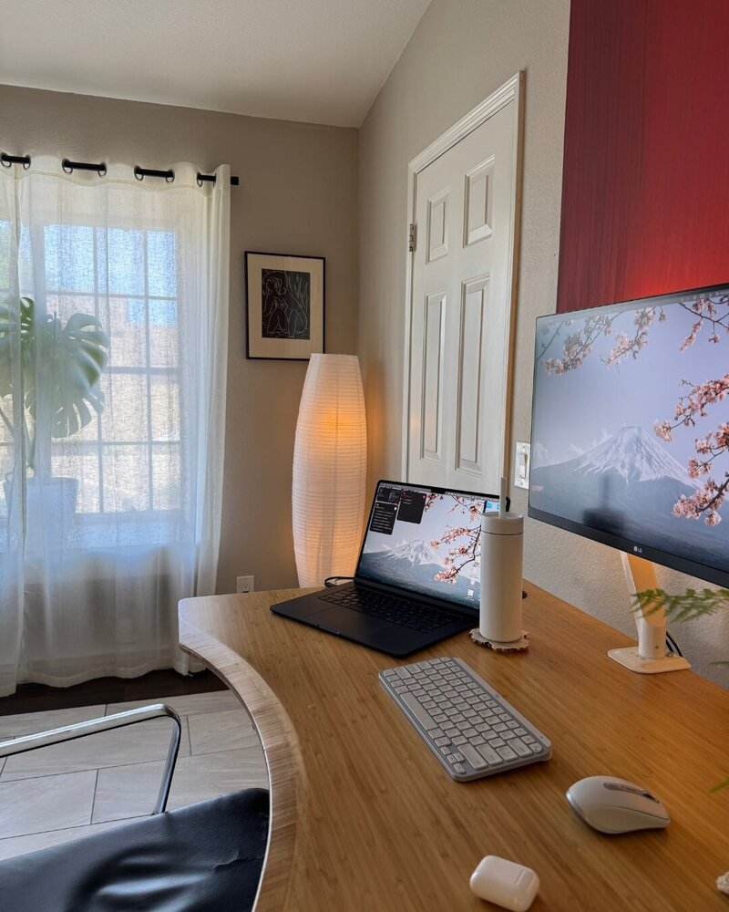 aesthetic content creator standing desk and home office setup with a plant and lantern