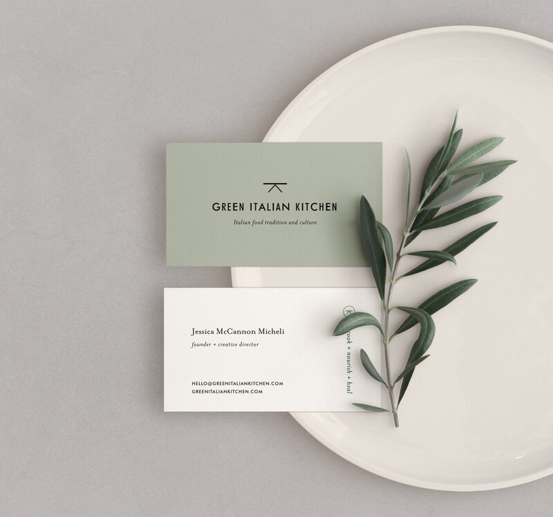 Green Italian Kitchen  business card  mockup image with sage leaf sprig.