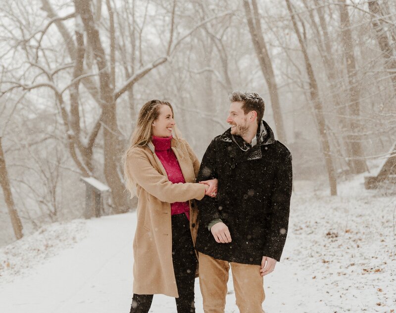 snowy engagement session in Valley Forge National Park