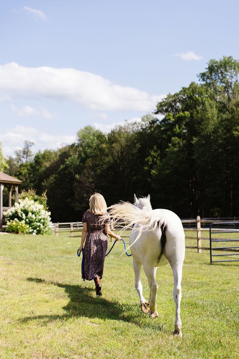 Leiko walking beside a horse in an open field at Mountain Song Farm in Monterey, Massachusetts