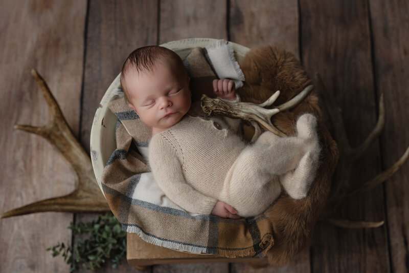 A peaceful woodland-themed newborn portrait using antlers, fur, and rustic textures in Paris, Ontario