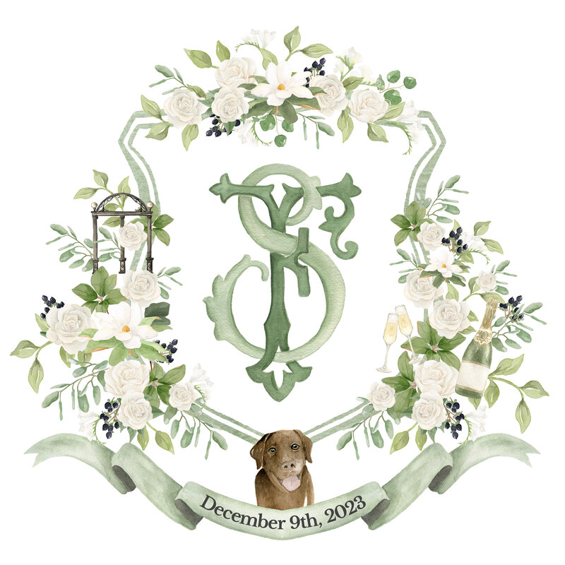 A hand-painted green and white wedding crest by Alicia Betz of The Welcoming District.