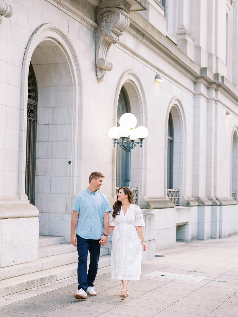 Downtown Raleigh Engagement Session, Light Blue Shirt, Navy Pants, White Dress