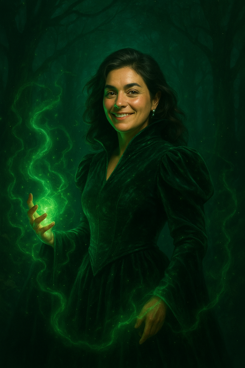 AI-generated Wicked-inspired photo booth image of a woman in a green velvet gown with glowing magical energy in a dark forest setting