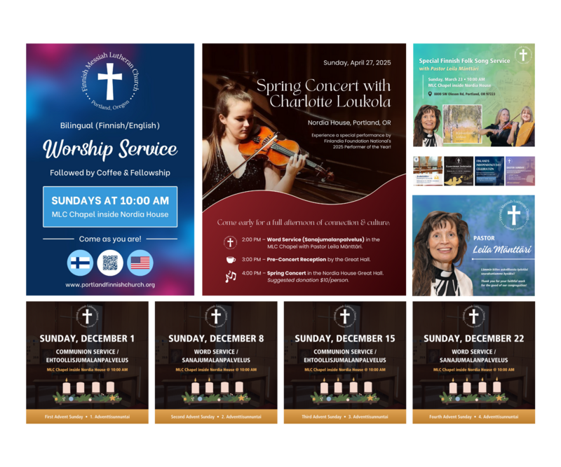 Church service and event promotional graphics for Finnish Messiah Lutheran Church, designed for social media use