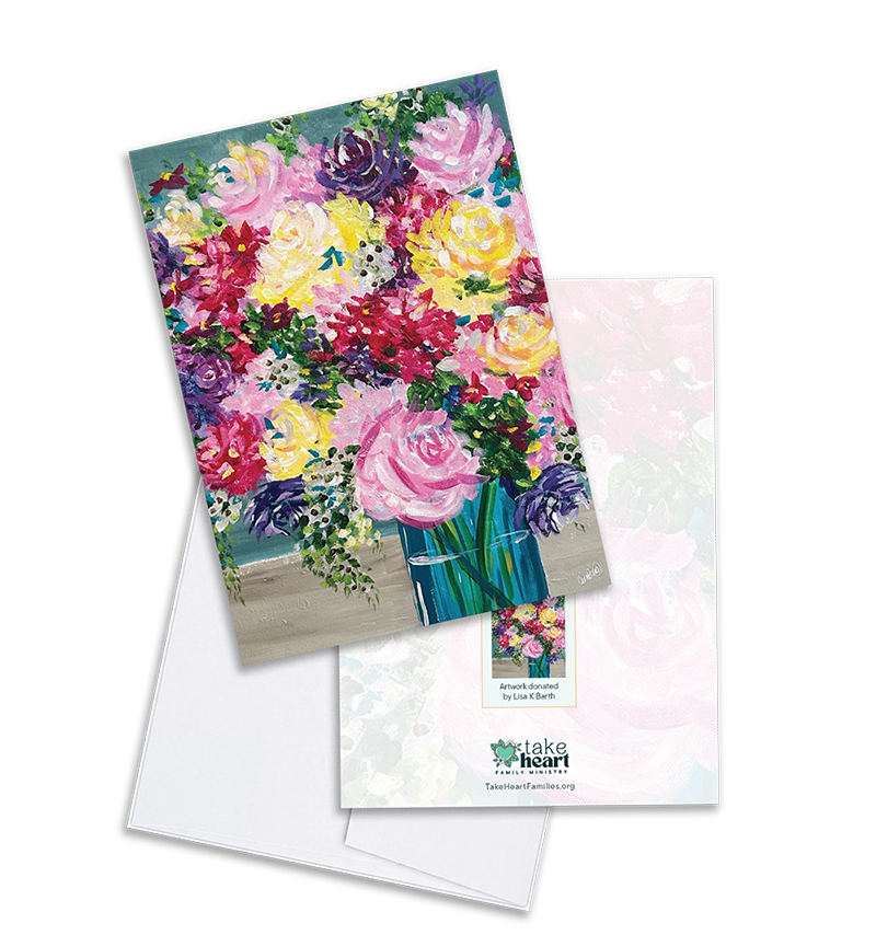 Front of greeting card with a painting of a pink peonies floral arrangement in a glass vase.