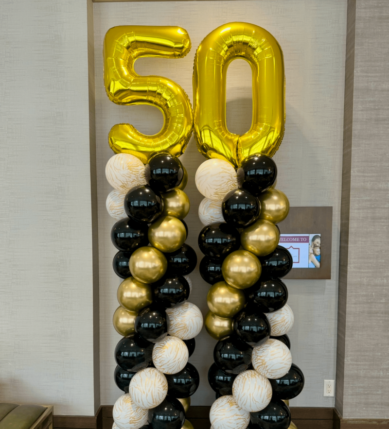 50th birthday party balloons, black gold white The Woodlands