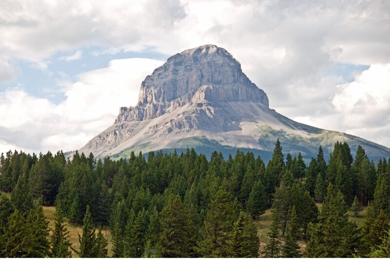 Majestic view of Crowsnest Mountain surrounded with pine trees