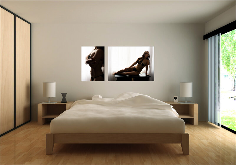 above a bed hangs a 2 panel wall art mock up of a beautiful woman posing for boudoir with marquise photography