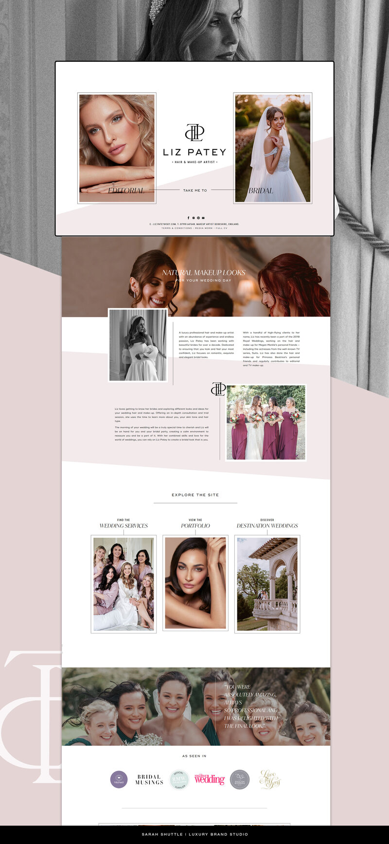 Long-form bridal website design for Liz Patey luxury beauty brand