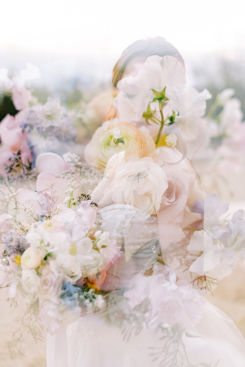 double exposure of bride and colorful bouquet