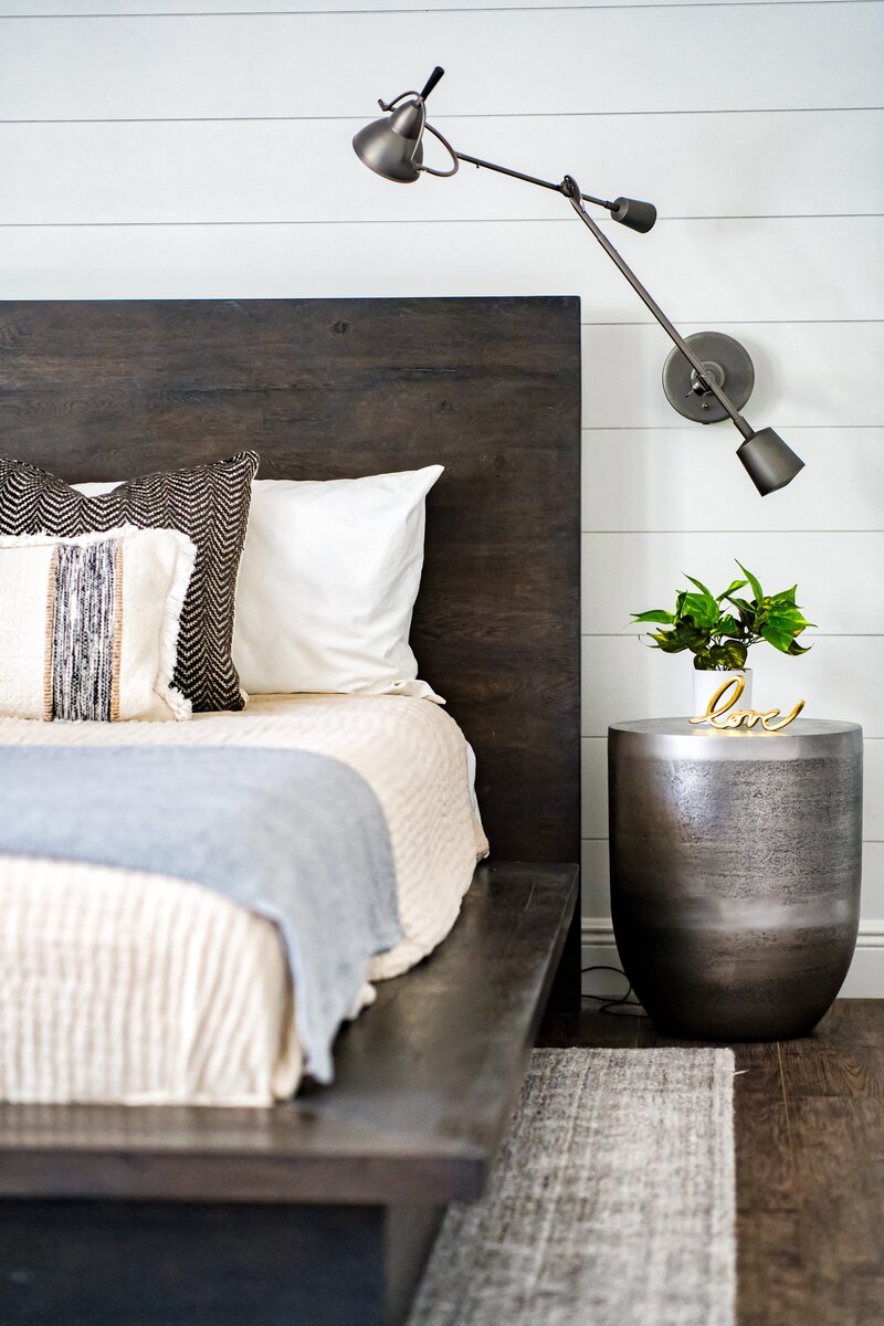 Bedding and lighting accents at Modern Mission_Scarbro Design