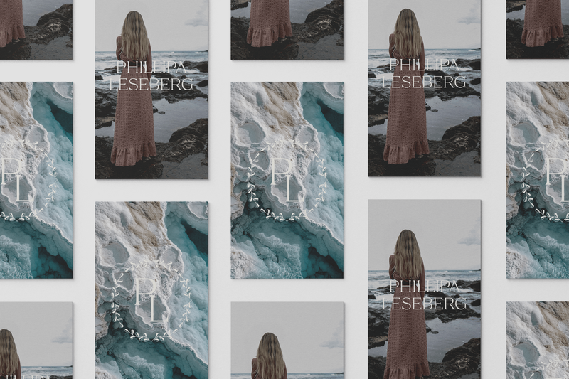 A grid of book covers designed by Sweet Pea Ink Creative, featuring a woman in a brown dress facing the ocean and covers with the initials "PL" over blue and white rock formations, showcases thoughtful brand design.