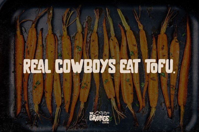 A brand concept for a vegan BBQ restaurant using the tagline 'Real Cowboys Eat Tofu!'