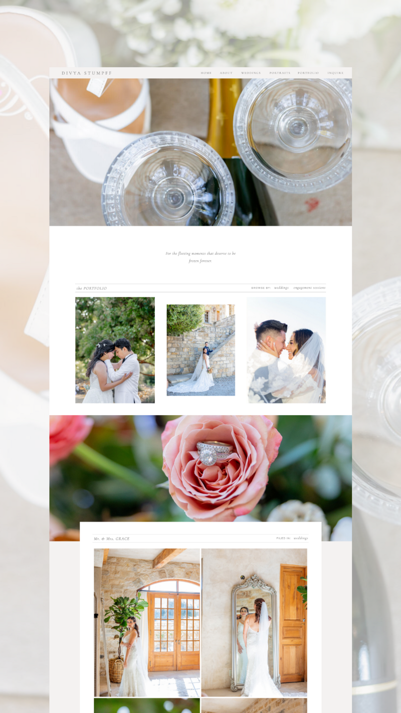 Wedding gallery page for Divya Stumpff Photography showcasing romantic, candid moments from recent weddings in an elegant, editorial layout