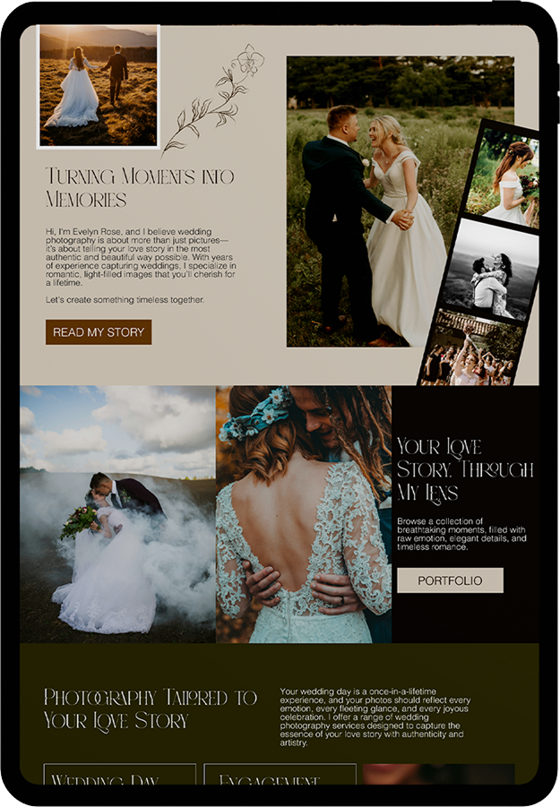 Luxury Showit site created for a destination wedding photographer with soft color palette
