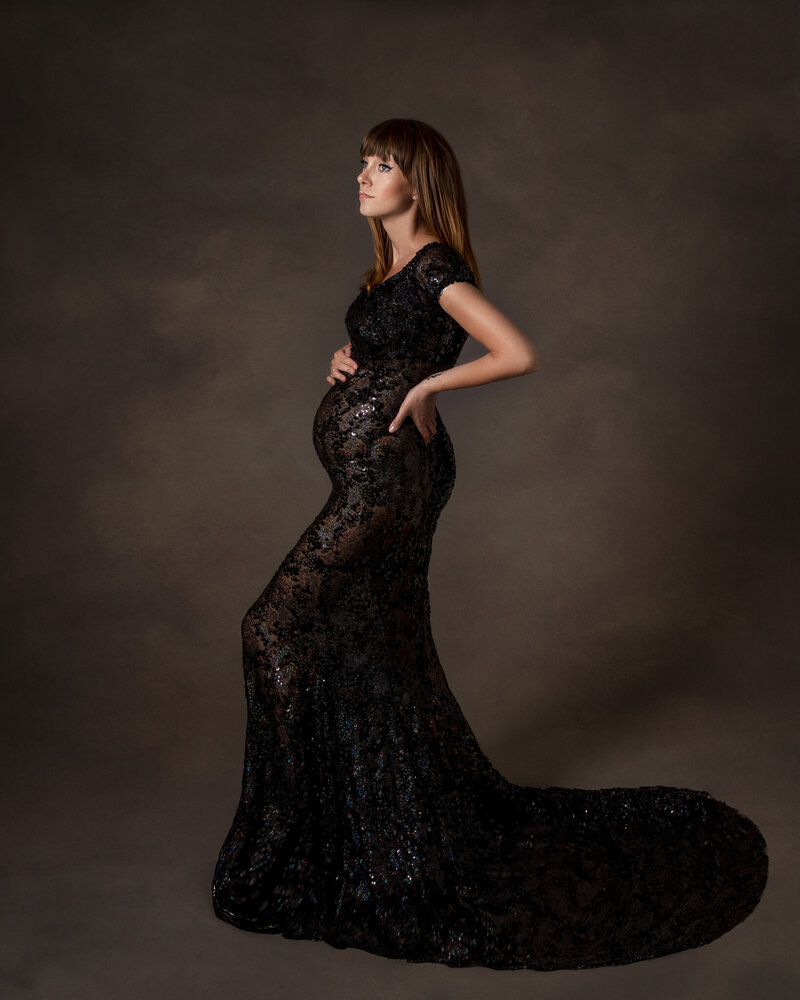 RS Portrait Photography studio maternity session wearing elegant black dress
