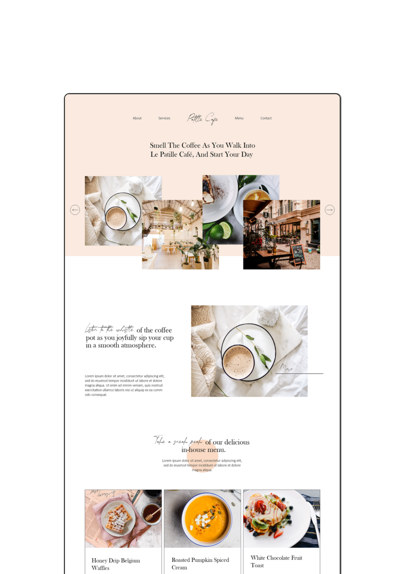 Display of the Patille cafe's website home page designed with a clean and modern look.