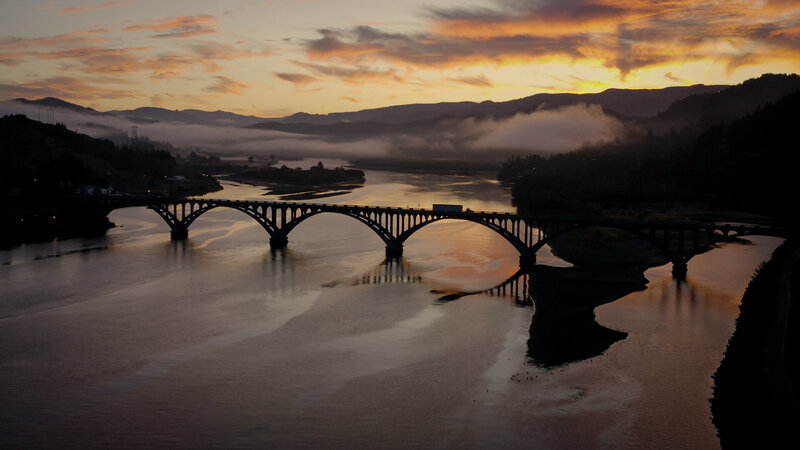 wide shot of gold beach bridge