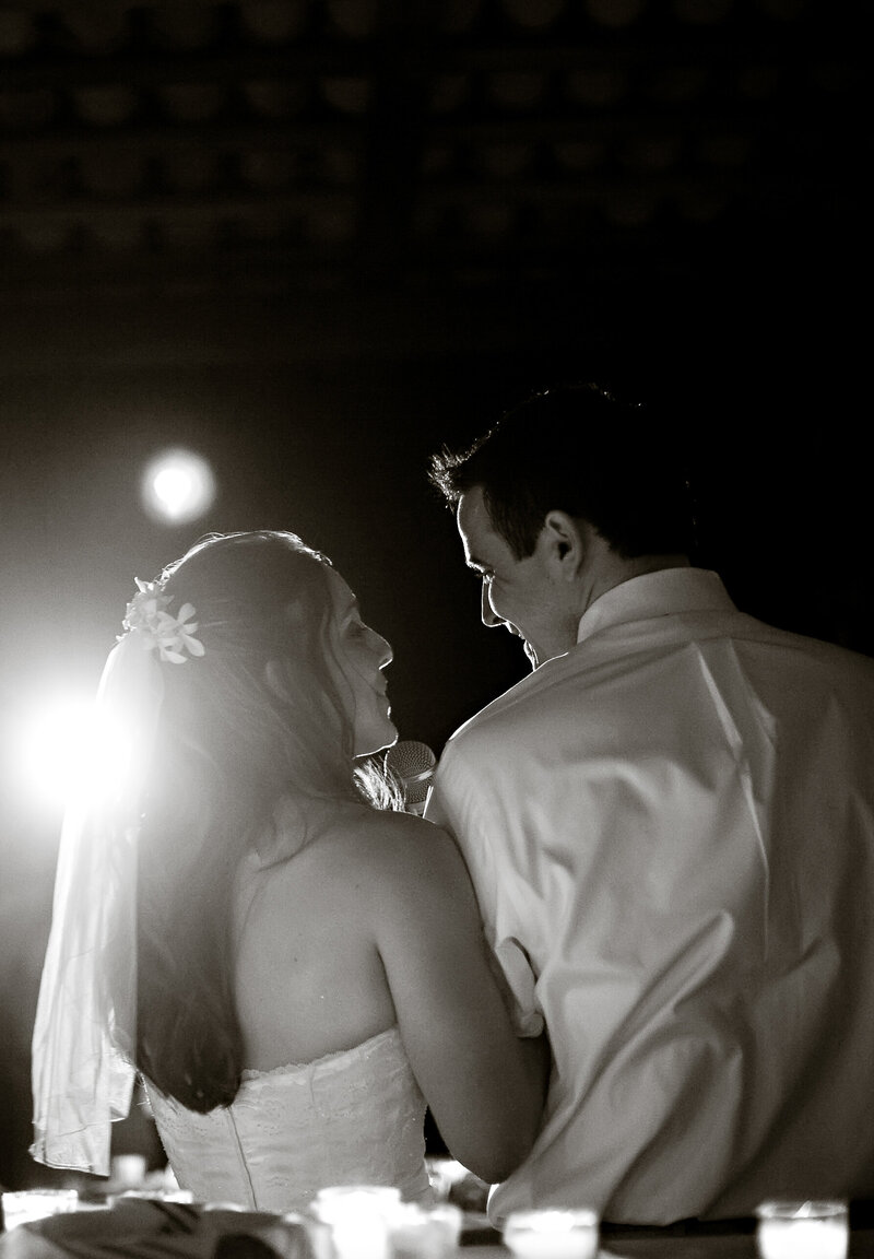 Brian Sellers, a wedding filmmaker based in Williamsburg, VA, and his bride, looking lovingly at each other on their wedding day