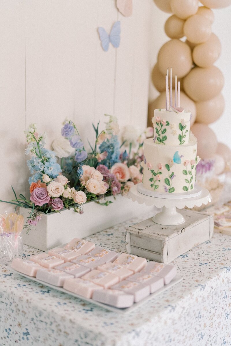 Birthday cake display with blue pink and white flowers