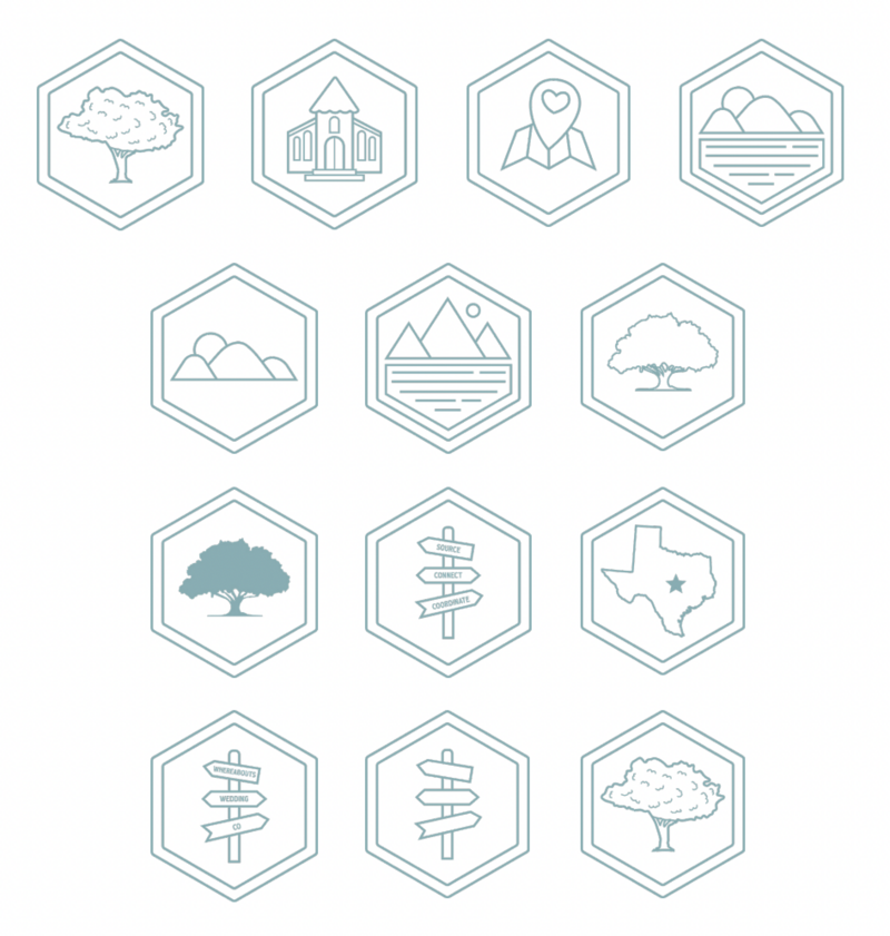 Custom icon designs for WhereAbouts Wedding Co, a wedding venue sourcing and coordination in Austin
