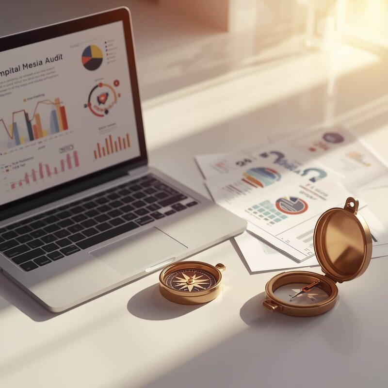 Ordinateur affichant un audit webmarketing accompagné de graphiques et d’une boussole dorée, illustrant le pack Boussole proposé par Lili Créa Design à Saint-Nazaire