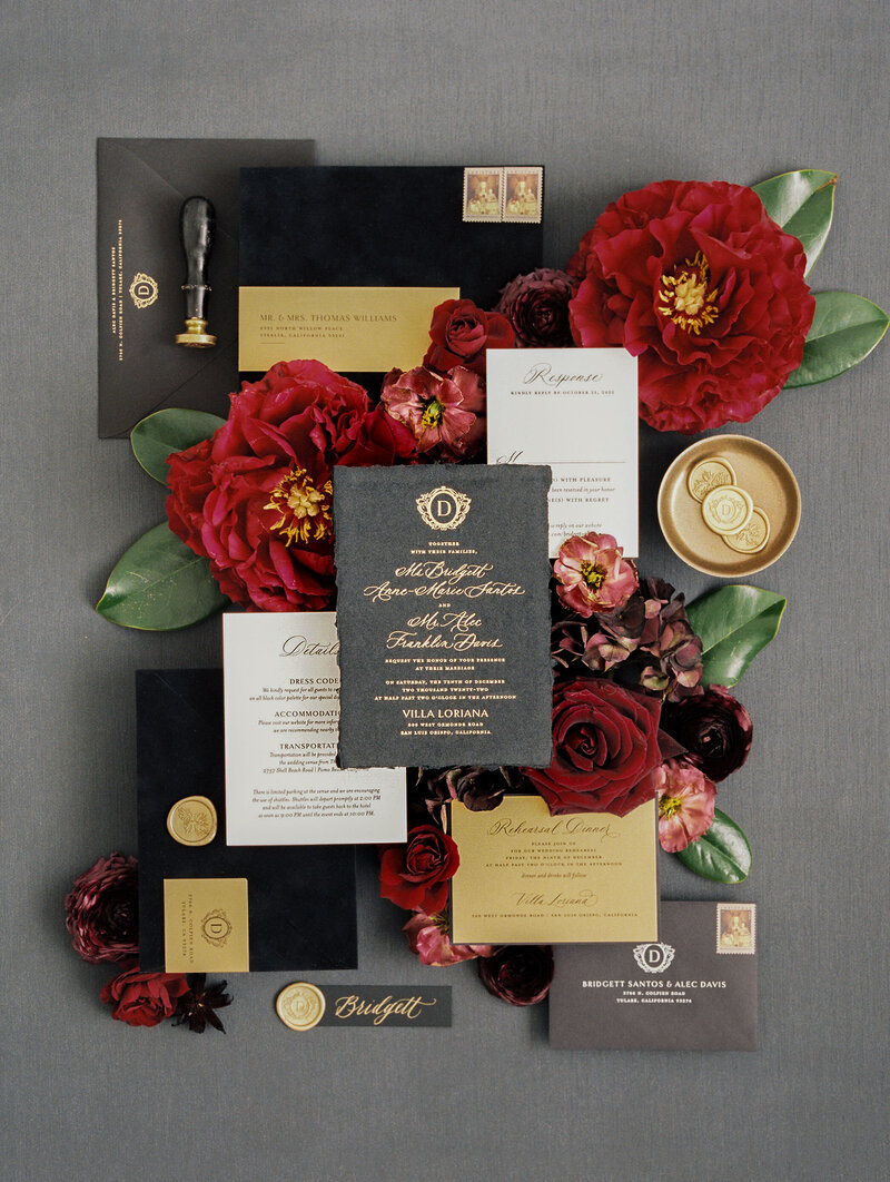 Custom wedding invitations with calligraphy, letterpress printing, foil printing wax seals, black handmade paper