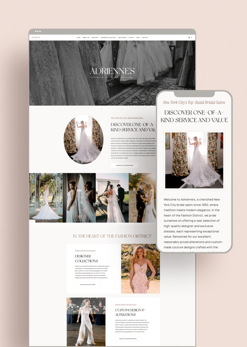 A mockup of a Showit bridal website on desktop and mobile screens—highlighting Madison’s custom website design work.