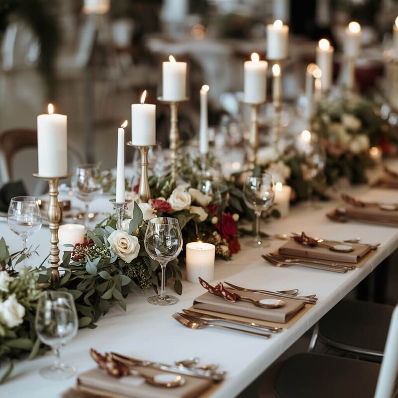 Table de mariage élégamment dressée avec assiettes, verres, couverts et un centre de table fleuri dans des tons roses et crème, évoquant une décoration raffinée.