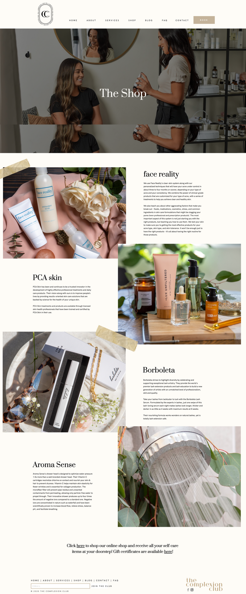 The homepage of The Complexion Club's website, designed to showcase their treatments and create a relaxing, aesthetic experience.