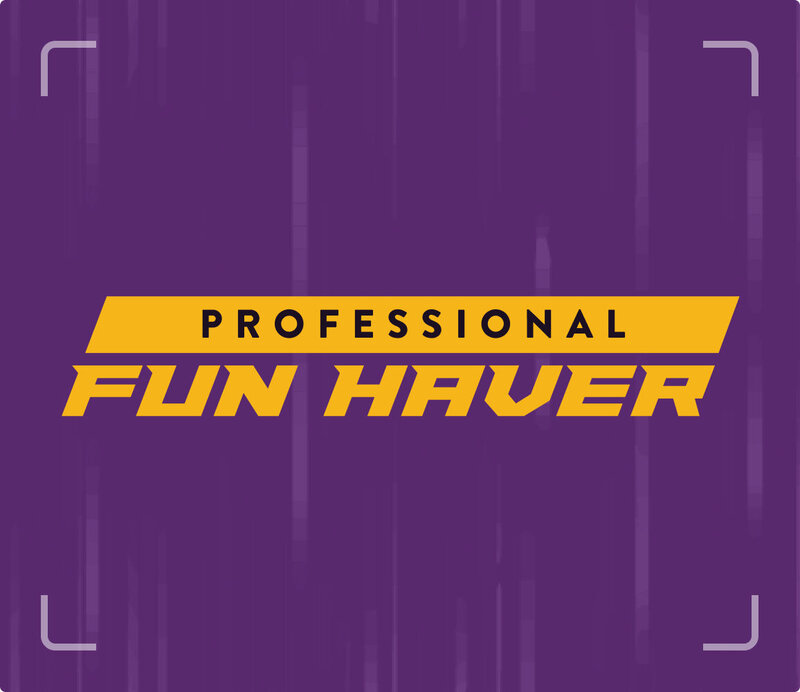 Brand typographic styling saying "Professional Fun Haver" on top of a purple background with lines depicting movement.