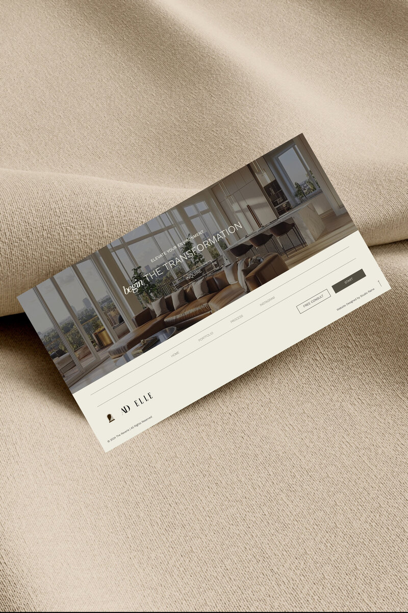 The footer of this high-end interior design website features essential contact details and a seamless ‘Book Now’ section. A sleek high-rise in the background reinforces the brand’s modern, upscale aesthetic