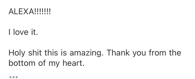Client testimonial screenshot expressing an emotional reaction to seeing their website designed by Alexa Lucky Creative