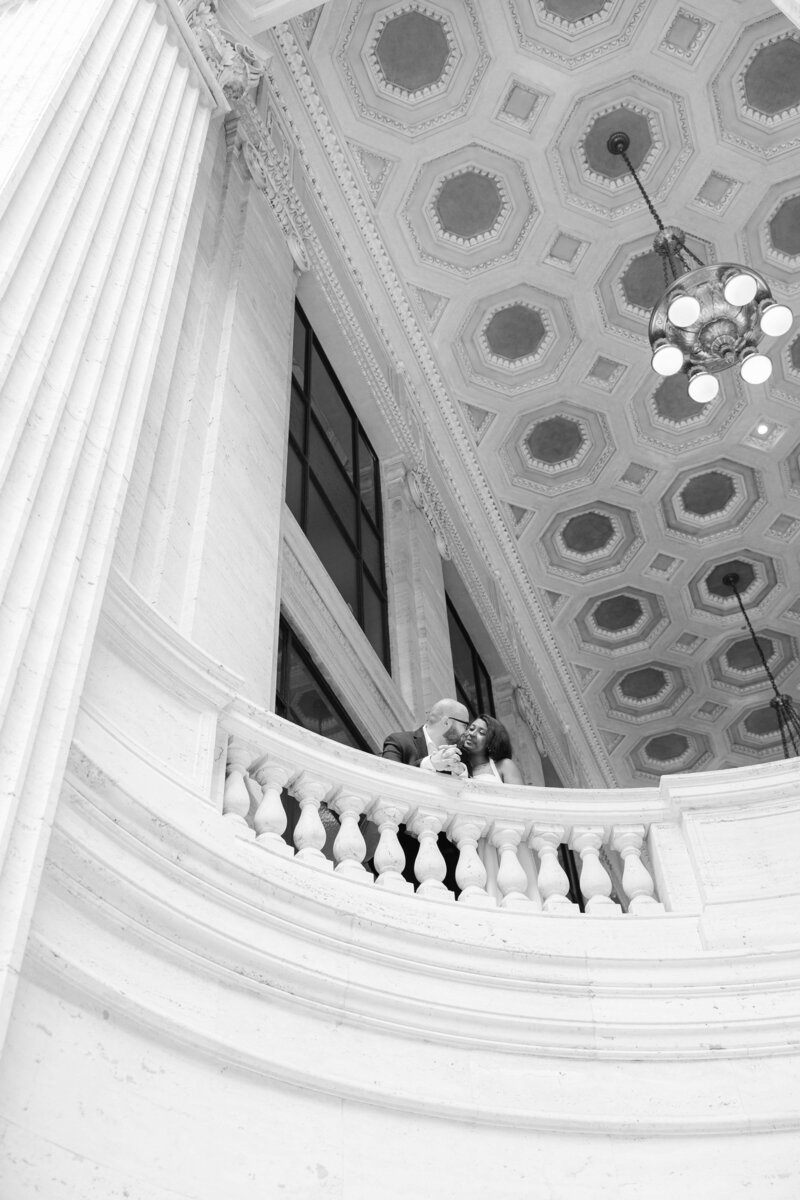 Engaged couple at Union Station in Chicago